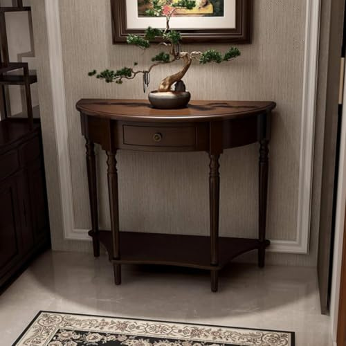 AYHARYLH Halbrund-Konsolentisch aus Massivholz mit Schubladen & Regal | Halbmond-Eingangstisch, Beistelltisch für Flur & Diele | Dekoration für Hausflur & Wohnungseingang(Dark Walnut,60x30x80cm)