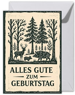 WBdesignz XXL Jagd-Geburtstagskarte „Alles Gute zum Geburtstag“ mit Umschlag - Geburtstag - Waldmotiv mit Hirsch, Wildschwein & Rehkitz - rustikale Karte für Jäger, Förster & Naturfreunde (XXL DIN A4)
