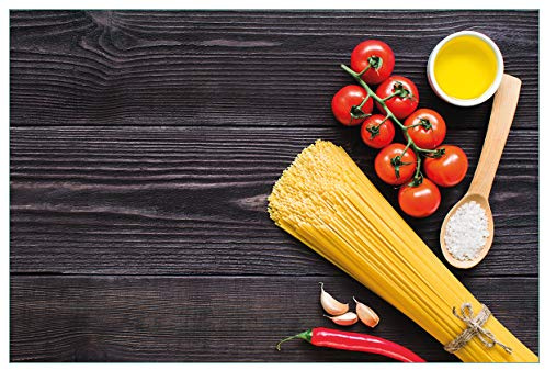 Wallario Küchenrückwand selbstklebend 90 x 60 cm, Motiv: Italienisches Menü mit Spaghetti, Tomaten, Salz und Chilischoten | Spritzschutz abwischbar & pflegeleicht