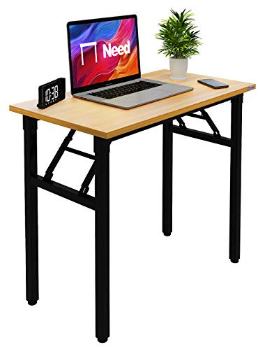 Need Klappschreibtisch, klein, 80 cm, kein Zusammenbau, faltbarer Computertisch für kleine Räume, Heimbüro, Schlafsaal, Teakholz und schwarzer Rahmen