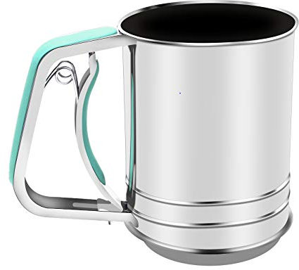 Mehlsieb aus Edelstahl, Handpresse mit Doppelsieb (3 Tassen, grün)