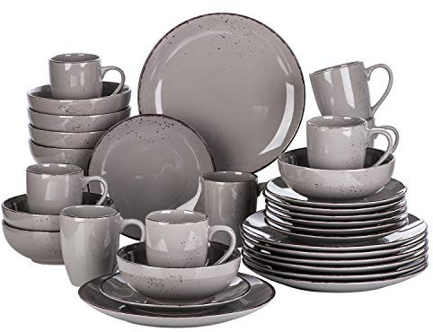 vancasso Serie Navia Jardin Vajillas de 32 pcs, Juego de Vajillas, Platos de Cena, Postre, Cuencos y Tazas, Esmaltada Gres Vajillas Retro para 8 Personas Gris