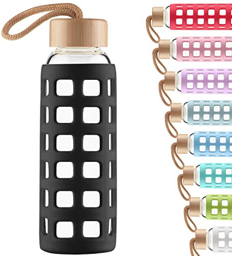Cleesmil Sport Bouteille en Verre, Gourde Verre sans BPA avec Manchon en Silicone et Couvercle en Bambou 1000 ML (Noir)