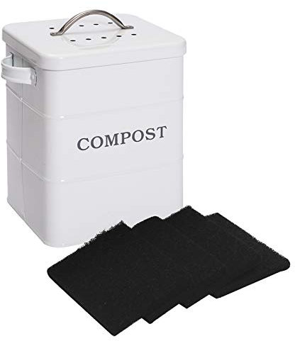 Xbopetda Stainless Steel Compost Bin for Kitchen Countertop,1 Gallon, includes Charcoal Filter,with Lid and handle,Composter for Zero Waste Recycling Kitchen Compost Bin, Compost Pail -White