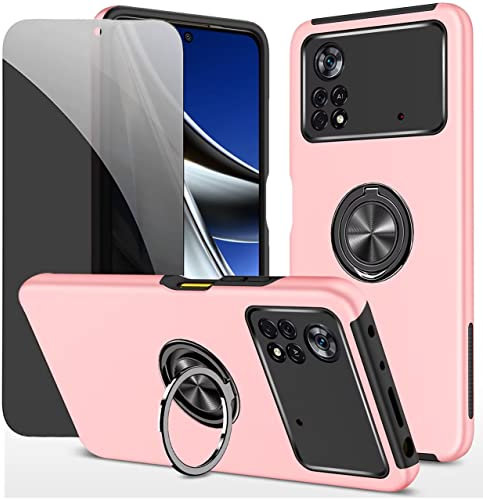Dechyi Privacy Coque pour Xiaomi poco X4 Pro 5G Housse Etui avec Anti-Espion Verre trempé avec Support de Bague résistant aux Chocs résistant aux Rayures PC Silicone Heavy Duty- Rose
