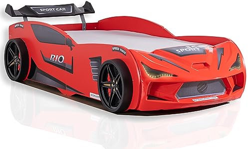 Aileenstore Autobett Kinder Kinderbett Rio 90x200 Rennwagenbett inkl. Lattenrost LED-Leuchte Spoiler (inkl. Creativ Fresh H2 Matratze, Rot ohne Sportsitze)