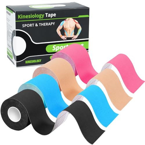 Helterfolg Kinesiologie Tape, Kinesio Tape, wasserdicht, hypoallergen, atmungsaktiv Sport Tape, Muskelunterstützung, 5 m x 5 cm pro Rolle (4 Rollen, Hellblau+Beige+Schwarz+Rosa)