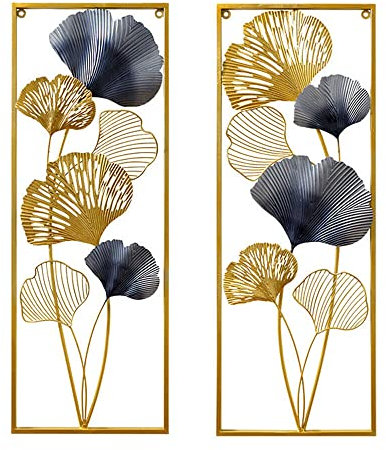 SABUIDDS 2 Stück Wanddeko Metall Gingko 85 x 31 cm Wanddeko Wohnzimmer 3D Deko Gold Home Wall Art Dekoration für Zuhause, Büro, Schlafzimmer, Wohnzimmer & Hotelrestaurants, Deko-Objekt, Gold