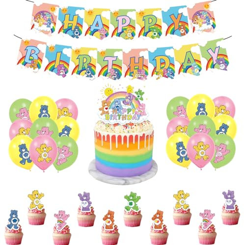 Care Bears Geburtstagsdeko - Glücksbärchi Luftballons, Kuchentopper, Regenbogenbären Girlande für Kindergeburtstag