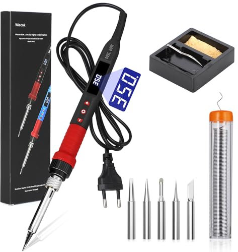Kit Saldatore a Stagno, Wiecok 80W Saldatore Digitale con Schermo LCD e Temperatura Regolabile 180℃-500℃, Interruttore ON/OFF, 5 Punte per Saldatura, 15g Filo per Saldatura, Supporto per Saldatura