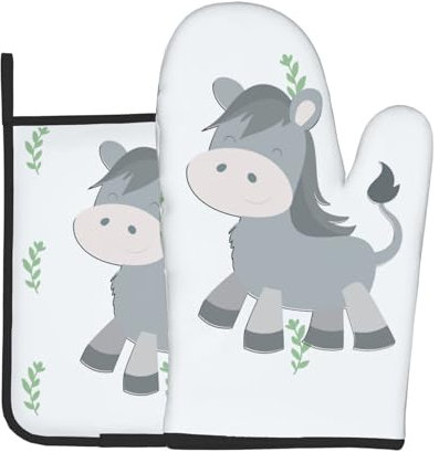 YYHHAOFA Ensemble de gants de cuisine et maniques avec motif âne souriant en tissu, anti-brûlure et isolant thermique