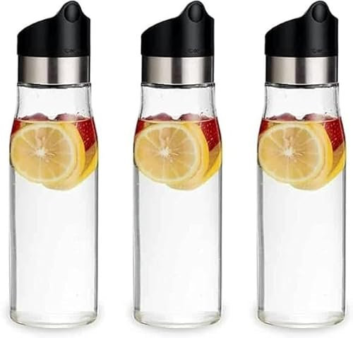 J&M DESIGN Wasserkaraffe aus Glas mit leicht zu drehendem Deckel aus Edelstahl und Kunststoff, mit abnehmbarem Sieb für Saft, Getränke, Eistee, Eiskaffee und Milch, spülmaschinenfest, 3 Stück
