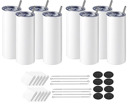 Booso Paquete de 8 vasos para sublimación de 20 onzas, rectos y finos, con papel para sublimación, tapas y pajitas para la prensa de vasos