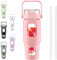 BLUEGO 960ml Glass Water Bottles with Straw Time Marker Half Gallon Large Motivational Water Bottle with Silicone Sleeve 0.96 Liter Large Glass Water Jug for Gym, Sports& Workout, Daily, Pink