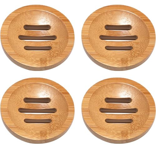 Neroyaner Shower Steamers Tray Bamboo Soap Holder, 4PCS 3.2 Inch Natural Bamboo Soap Dish with Drainage Holes, Non Slip Shower Steamers Tray, Round Dish for, Counter
