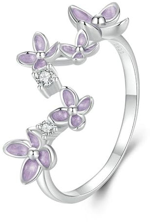 Kerraom Ring lila Blume 925 Sterling Silber Vorschlag Verlobungsring Ewigkeit Damen Open End Ring Geschenk für Freundin