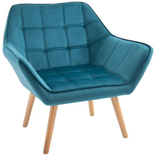 HOMCOM Fauteuil Salon Dossier Haut Accoudoir Rembourré 67x61,5x71cm Bleu | Chaise Coiffeuse Scandinave, Pied en Bois, Revêtement Effet Velours