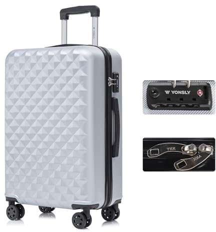 YONSLY Premium Reisekoffer TSA-Schloss,YKK-Reißverschluss Hartschalen-Koffer Trolley Kabinenkoffer Rollkoffer Suitcase Handgepäck 4 Rollen (Silber, L)