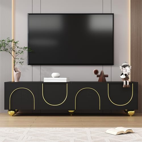FammyLoft TV-Schrank mit Strukturierten Türen, TV-Lowboard mit Schubladen, TV-Möbel Mitoffenen Fächern, Goldenen Griffen und Goldenen Füßen, TV Tisch, Vorratsschrank, 170cm, Schwarz und Gold