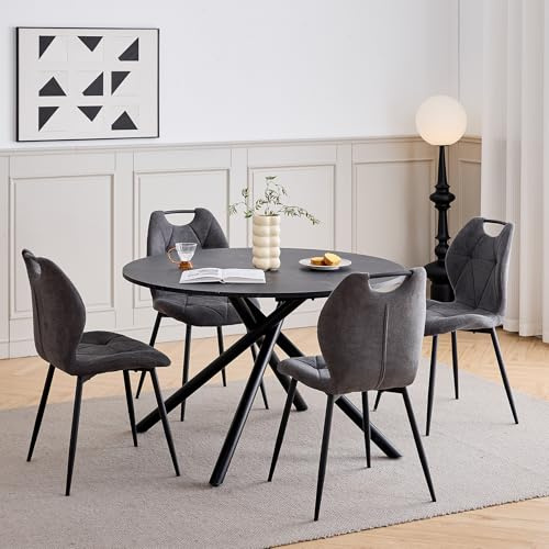 HJhomeheart Esszimmer-Set Mit Tisch und Stühlen, 115 cm Runder Tisch und 4 Mit Leinen Bezogene Esszimmerstühle, Geeignet für Küche, Wohnzimmer und Esszimmer (Schwarz +Grau)