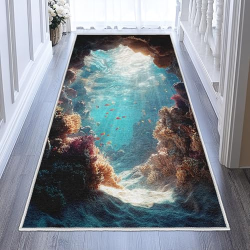 Generisch Unterwasserwelt Teppich Läufer 60x200, 3D Meer Teppiche rutschfest Kurzflor Waschbar Bettumrandung Schlafzimmer, Korallenriff Teppichläufer für Küche Flur Eingangsbereich R453Ssby