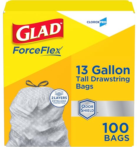 Glad ForceFlex 70427 Lot de 100 sacs poubelle à cordon de serrage Gris non parfumé 100 sacs poubelle de cuisine