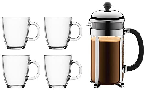 Bodum - K1928-16COS - Set Chambord - Cafetière à Piston Inox 1 L - 4 Mugs Bistro 0.35L