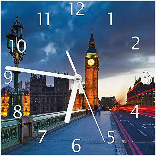 Wallario Design-Wanduhr London- Big Ben bei Nacht aus Glas, Motiv-Uhr Größe 20 x 20 cm, weiße Zeiger