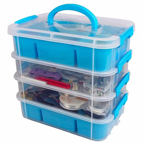 Bins & Things Stackable Storage Containers with Organizers for Arts & Crafts, 4 Trays, Blue