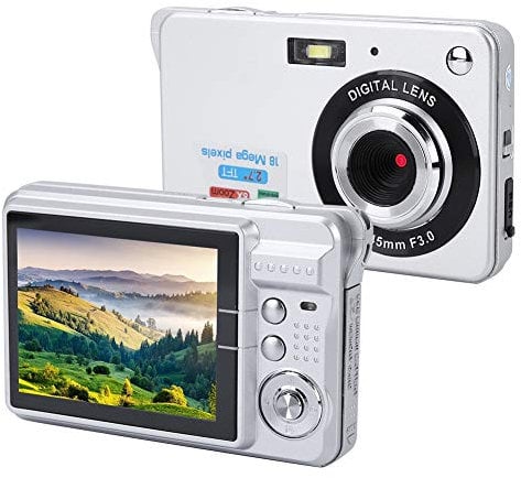Digitalkamera COMS Sensor 18MP, HD Digitale Videokamera Kompaktkamera mit 8-Fach Zoom, 2,7 Zoll Bildschirm, USB 2,0, Eingebautem Lautsprecher, Batterie Betriebene für Senioren/Kinder(Silber)