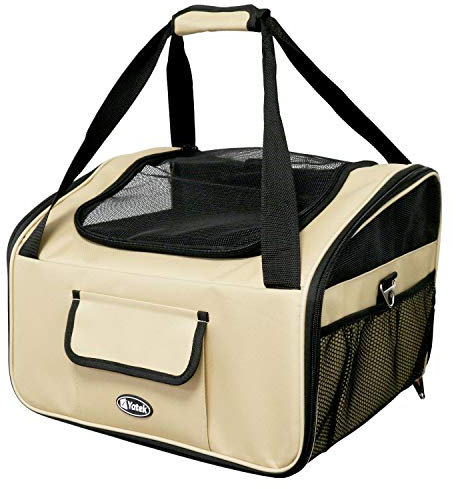 YATEK Hundebox Transportbox Auto Hundetransportbox faltbar Katzenbox bis 9 kg Autositz, Größe 41 x 35 x 26 cm, hochfestes Material Oxford 600D, beige