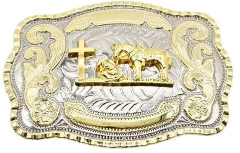 Gürtelschnalle mit betendem Cowboy-Kreuz, religiöser Glaube, groß, riesig, Rodeo, Western-Stil, goldfarben, Goldton, Large