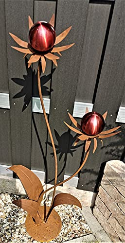 Jürgen Bocker Gartenambiente Skulptur Blume Milano Corten 120 cm mit Kugel in rot matt gebürstet mit Standfuß Edelstahl Cortenstahl Dekoration Garten