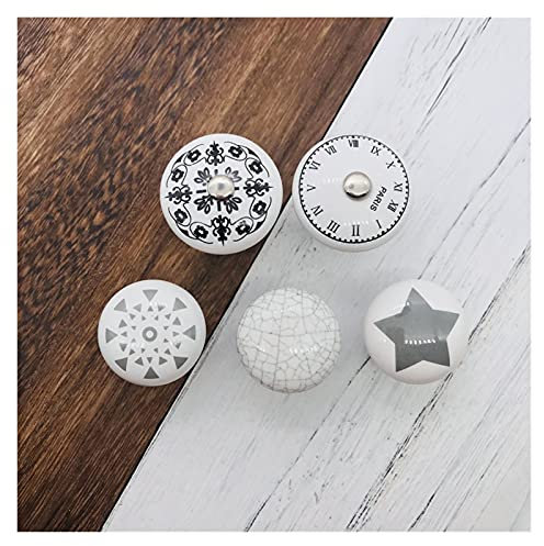 Modern Door Handle Kit 1 Piece Dressing Table Knob Round White Ceramic Drawer Handle Children's Room Star Clock Cute Door Cabinet Handle Furniture Hardware (Color : Star Image)