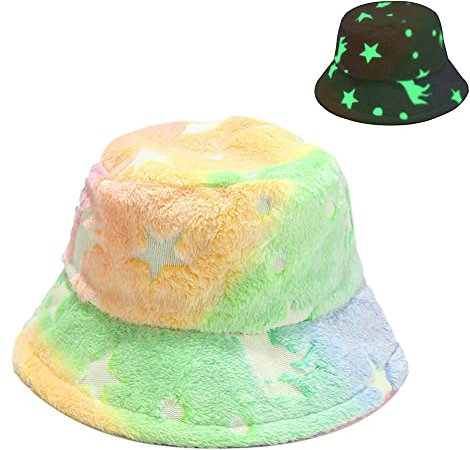 Plüsch Fischerhut Damen Winter, Leuchtende Eimer Hut Wärmer Bucket Hat Fluoreszierend Fluffy Kunstpelz Wintermütze Plüsch Fischerhüte Anglerhut Flauschige Fischermütze für Damen Mädchen