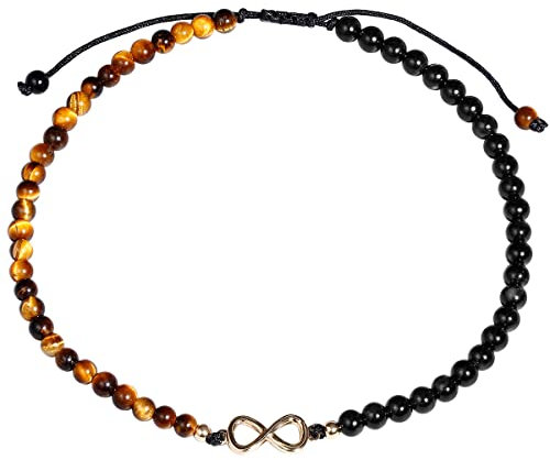 Jewboo Bracelet de cheville réglable avec breloque infini œil de tigre/obsidienne noire pour femme, Pierre, œil de tigre