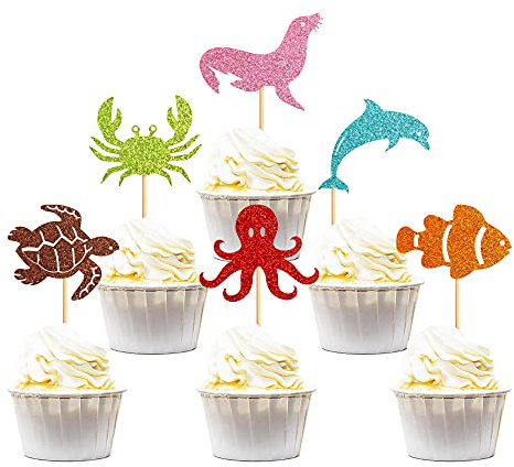 30 Stück Meerestiere Cupcake Toppers Ocean Theme Cupcake Toppers Dolphin Octopus Crab Fish Sea Turtle Seal Cupcake Picks Sea Animals Theme Party Baby Shower Party Decors Supplies