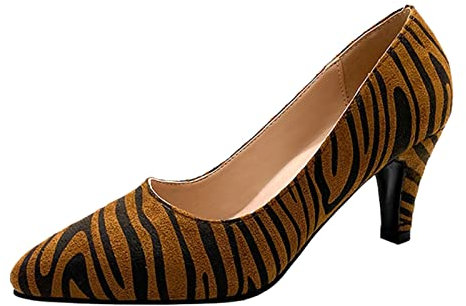 Women's Low Heel Pointed Toe Pump Shoes Dress Pumps Zebra Print Slip On Shoes 03_Brown 6