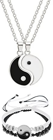 HMOOY Yin Yang Kette und Armband, 4 Stück Matching Yin Yang Freund Paar Armbänder Mit Halskette Set Yin Yang Verstellbare Schnur Armband Yin Yang Anhänger für Freundschaft Paare (Silber)