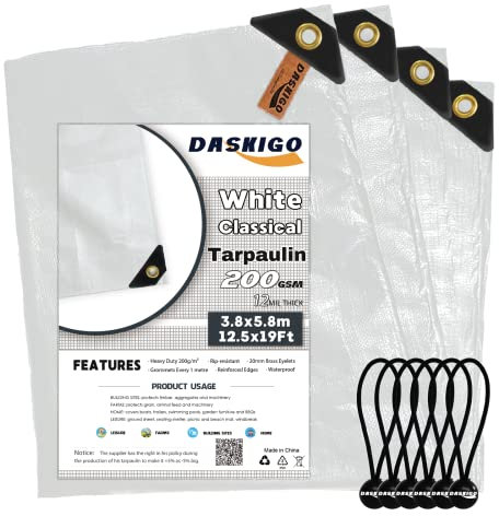 DASKIGO 4 x 6M Heavy Duty 200GSM White Reinforced Tarpaulin Cover Waterproof Tarp Sheet & 6 Pcs Bungee Balls