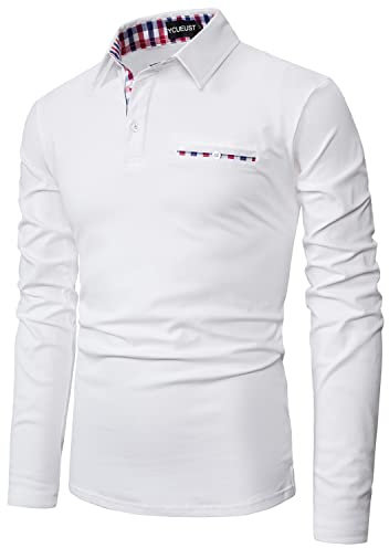 YCUEUST Coton Treillis Homme Manche Longue Polo Casual Basic Tennis Golf T-Shirt Blanc XL
