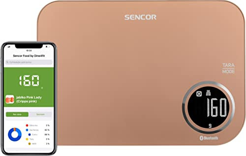 Sencor bilancia cucina digitale SKS707, bilancia da cucina elettronica pesa alimenti bluetooth smart, vetro temperato, bilancia di precisione display LCD(Oro)