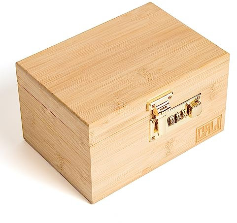 CALI Boîte de rangement verrouillable en bois de bambou avec couvercle à charnière et plateau à rouler (naturel)