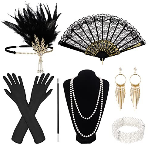 Firtink 9 Stück 20er Jahre Kostüm Damen, 20er Jahre Accessoires, 1920er Accessoires Damen Charleston Accessoires Damen Great Accessoires Damen Zubehör für Frauen