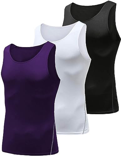 Queerier Canottiera da uomo a compressione, senza maniche, per corsa, basket, allenamento, palestra, confezione da 1/3, Confezione da 3, viola, bianco, nero, S