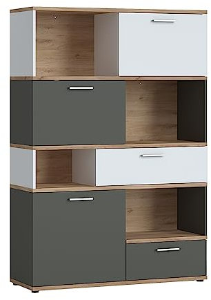 Lomadox Jugendzimmer Regal Highboard in Eiche Nb. mit weiß und grau, B/H/T ca. 115/168/40 cm