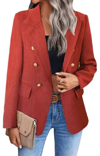 Mina Self 2024 Herbst-Tweed-Blazer-Jacke für Damen, modisch, lässig, offene Vorderseite, Business, elegant, Arbeitsanzug, obere Tasche, 3-Tweed/Rot, L/XL