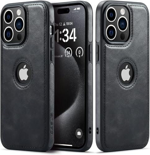 Sibada Custodia in pelle per iPhone 15 Pro Max, con logo, visibile, in pelle di alta qualità, classica, elegante, sottile, per iPhone 15promax (2023) da 6,7, colore nero