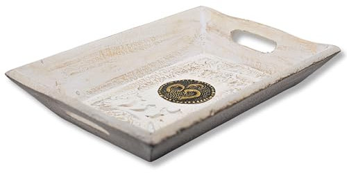Diko.style® - Dekotablett Rechteckig Hholzschale Klein -24x15,5x4,5 cm- Holztablett dekoschale länglichc - orientalische deko boho- Holzbrett Deko - Dekotablett Holz - Weißes Om