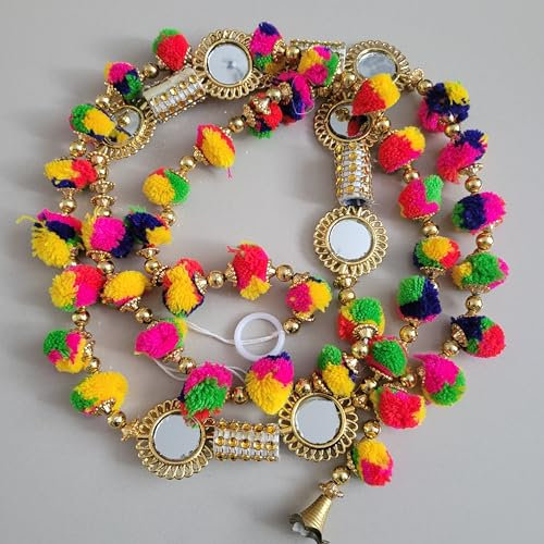 Indische handgefertigte Pompon-Girlande mit Spiegeln, ca. 152 cm, 2 Girlanden, Diwali-Dekoration, Weihnachtsdekoration (mehrfarbig)